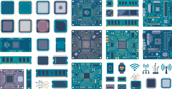 Computer hardware components vector set featuring motherboard circuit boards microchips central processing units ram modules and wireless network signal icons flat illustration