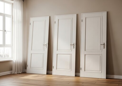 Three white wooden doors in a room with window