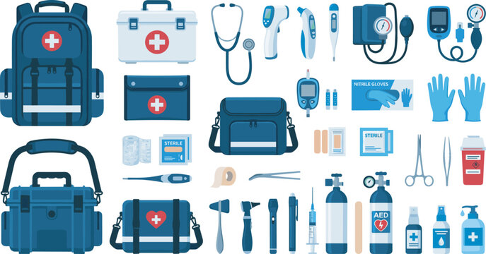 Emergency medical first aid kit vector set featuring responder backpacks trauma bags stethoscope thermometer oxygen cylinder blood pressure monitor and healthcare equipment illustration
