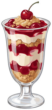Cherry Parfait Delight: A delectable cherry parfait layered with creamy goodness and crunchy crumbs, topped with a fresh cherry and stem, presented in an elegant glass.