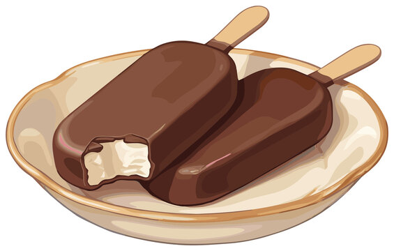 Chocolate Ice Cream Bars: Two delicious chocolate-covered ice cream bars are presented on a decorative plate, with one bar having a bite taken out, revealing the creamy white interior.