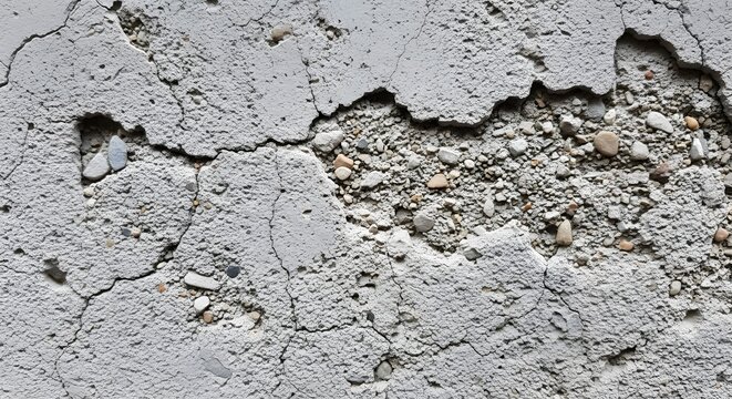 Damaged concrete surface featuring exposed aggregate and deep fractures across the wall.