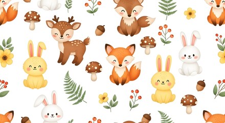 Obraz premium Seamless woodland animal pattern displaying charming baby deer, playful foxes, and sweet rabbits among foliage.