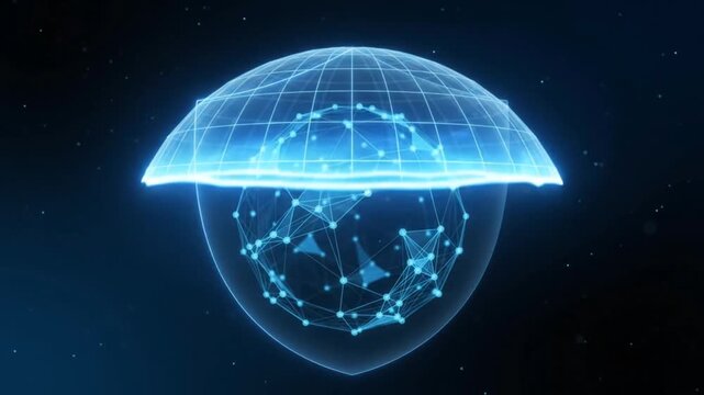 Futuristic digital globe concept with glowing grid shield and network connections in cyberspace