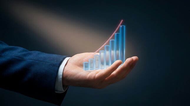 Hand holding upward trending bar chart graphic illustration concept