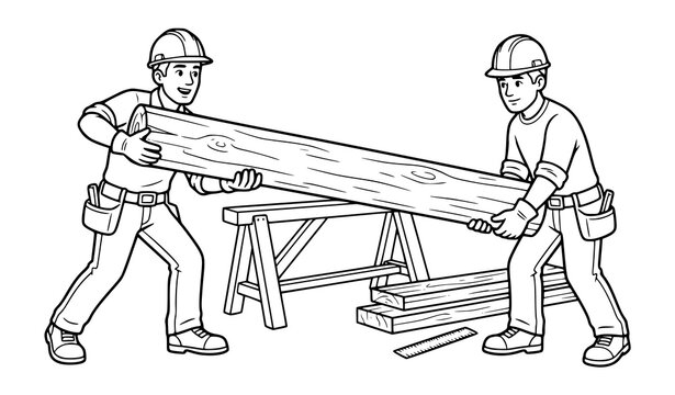 Two construction workers wearing hard hats lifting a wooden plank together at a job site line art illustration