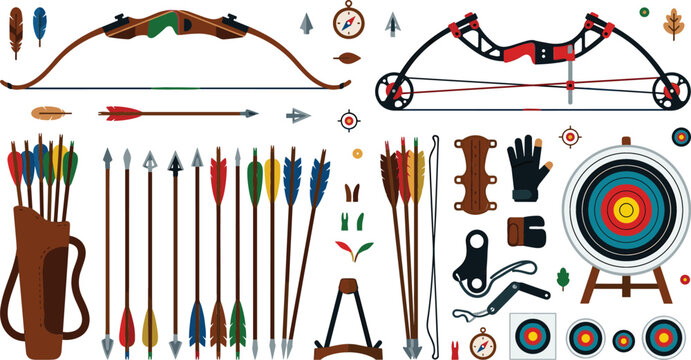 Archery equipment vector element set with bows arrows target quiver and gloves for sporting competition design