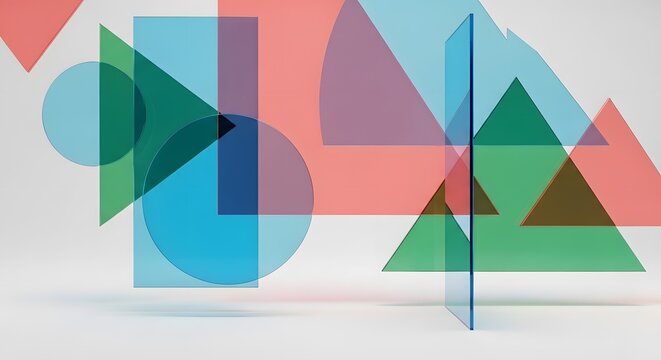 Translucent geometric shapes in various primary colors overlap against a clean white background.