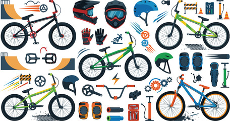 Obraz premium Bicycle and BMX equipment vector set with sport bikes helmets pads pumps tools and skatepark ramps