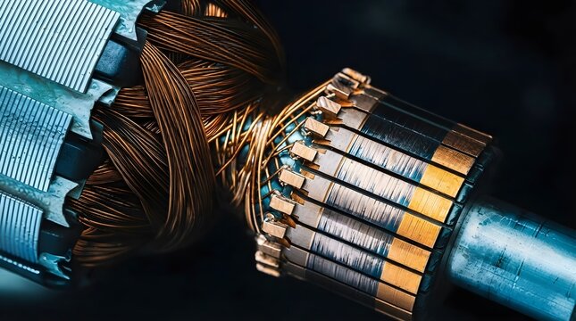 Detailed electric motor rotor with dense copper windings, segmented commutator, blue metal shaft, laminated stator core, dark technical background, and precision electrical machinery component photo!!