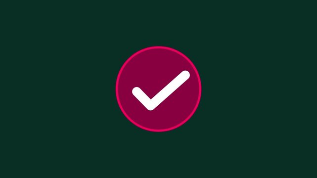 Animated red checkmark inside circle pulsing and disappearing. Success confirmation and right answer icon on  a dark green background 4k video.