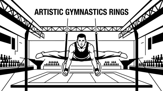 gymnast competing on still rings performing a powerful strength hold controlled suspension precise body position and advanced movement upper body strength balance technique concentration and athletic
