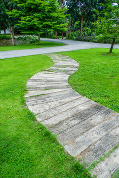 Garden landscape design with pathway in garden and footpath in picturesque summer park and staircase in backyard,Paving stones on floor in park,space for text.