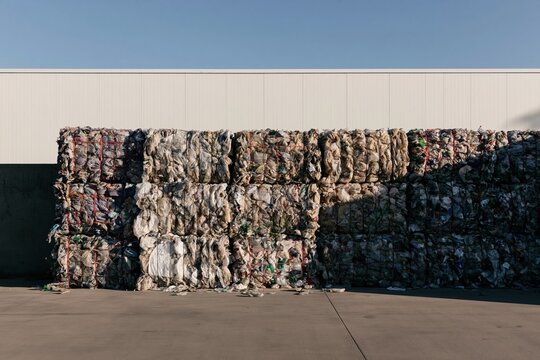 Compressed bales of recycled plastic stacked in a dense wall at a recovery facility, featuring wrinkled film and binding wire for circular economy campaigns
