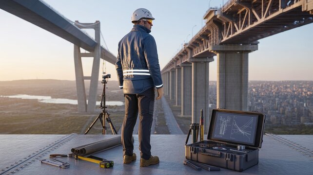 Construction Engineer Inspecting Suspension Bridge Project with Surveying Equipment and Digital Blueprint