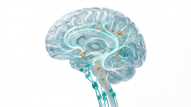 Human brain cross section with amyloid plaques and glowing neural pathways in translucent glass style, ideal for neuroscience research and Alzheimer disease medical presentations