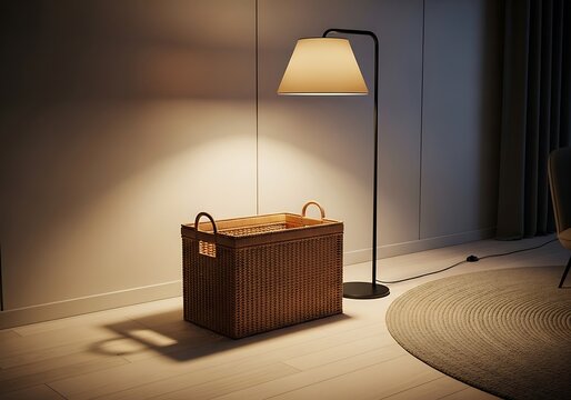 Brown suitcase and lamp on a floor