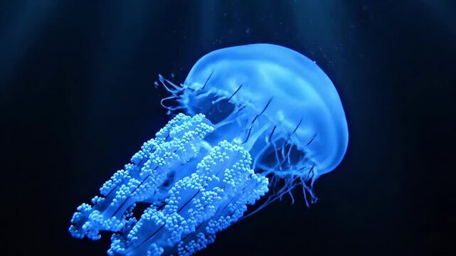 Footage of jellyfish swimming in deep ocean water during daytime