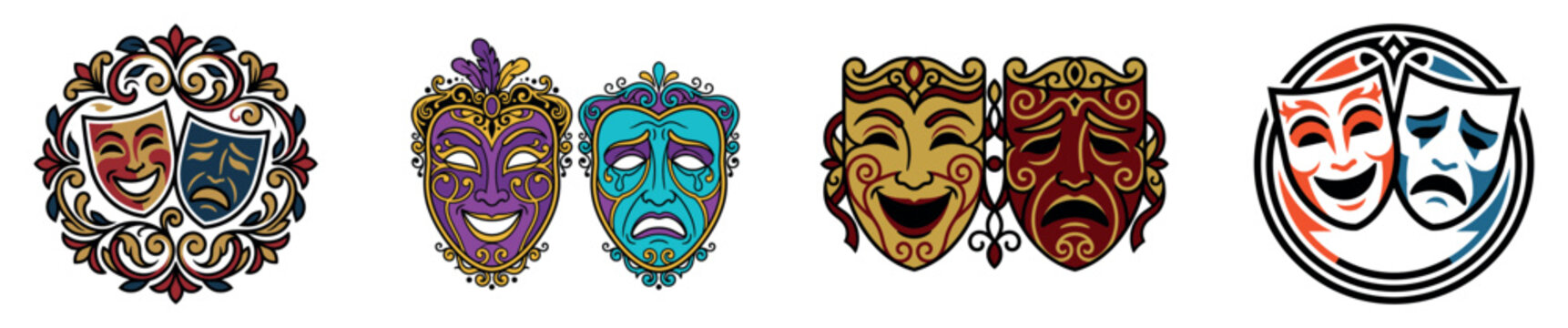Collection of six unique colorful abstract faces in an oval shaped arrangement