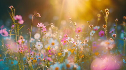 a poetic shot of blooming summer wildflowers in a sun drenched field highlighting natural floral beauty and minimal botanical concepts suitable for warm outdoor themes and serene nature designs