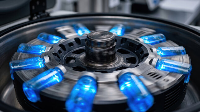 Healthcare innovation spending laboratory centrifuge with blue vial rotor spinning for medical research diagnostics and biotechnology