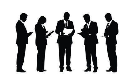 Obraz premium Corporate business executives in silhouette stand in a horizontal row while reading printed paper documents and reviewing reports during a briefing against a plain white background.