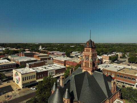 Aerial view of the courthouse and town square of Waxahachie, Texas USA