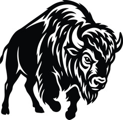 Obraz premium Black and white bison silhouette illustration for sports mascot or wildlife logo design.