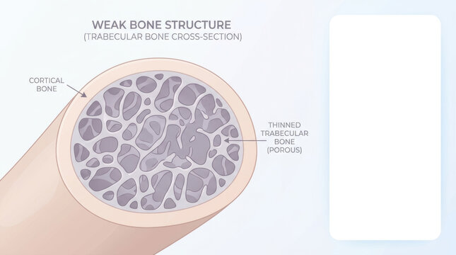 Osteoporosis weak bone structure showing porous trabecular bone cross section and thinned cortical bone