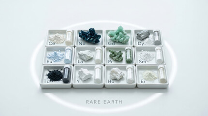 Fototapeta premium Rare earth element sample set displays mineral specimens for supply, study and collection in clean educational arrangement
