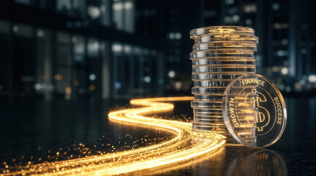 Strategic navigation along glowing financial path beside stacked coin and currency token creates futuristic wealth concept