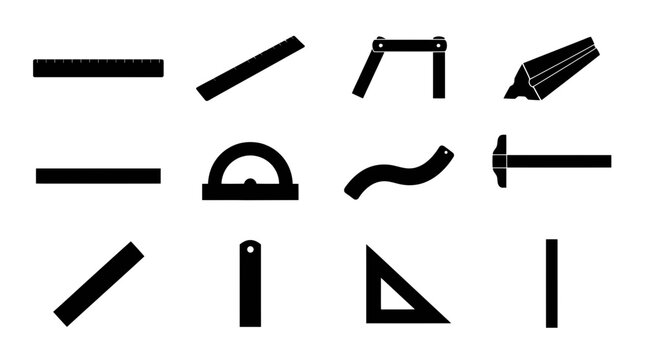 Set of black drafting and geometry measurement tools on white background