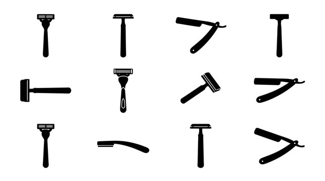 Set of black silhouette icons representing various manual shaving razors