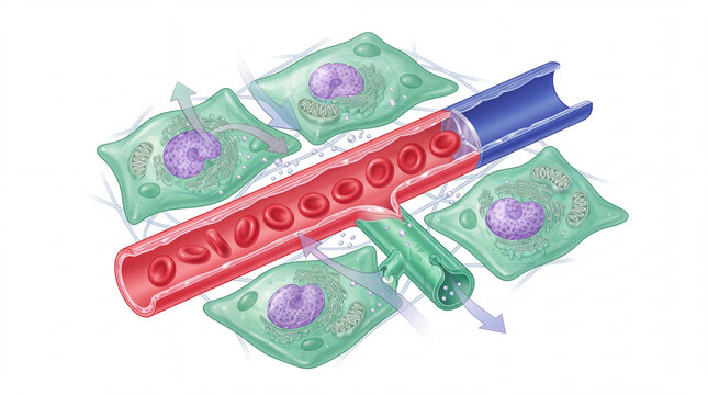 Capillary exchange between blood and tissue cells depicted in a detailed medical cross section with red erythrocytes, lymphatic drainage, and interstitial fluid flow for biology education