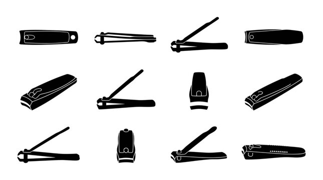 Set of black silhouette nail clippers in various angles on white background
