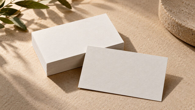 Minimalist stack of blank business cards on textured paper surface, corporate branding mockup concept, ample copy space