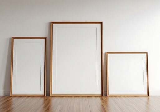Three wooden picture frames leaning against a wall in bright light