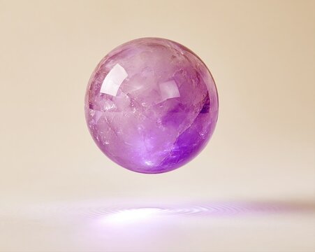 Floating purple crystal sphere hovering above white surface