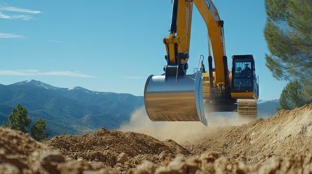 An excavator digging at a construction site in Korea under a bright sky with dust swirling in the air