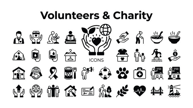 Volunteers and Charity Icons Set: A comprehensive collection of black and white icons representing volunteers, charity, donation, support, and community service.