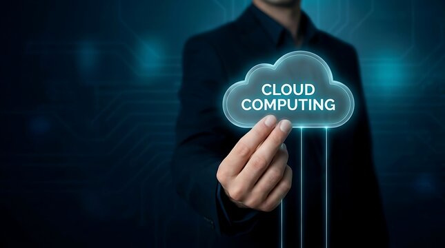 Person holding a glowing cloud computing interface with digital network connections