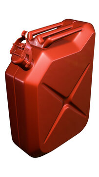 Glossy red metal jerrycan for fuel, gasoline, diesel, oil, kerosene, and other fuels and lubricants, shown on a transparent background. A jerrycan for cars, trucks, tractors, or other vehicles.