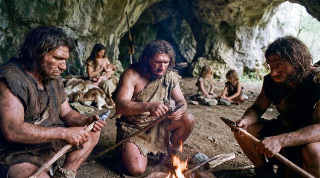 Neanderthal family making stone tools and spears in a cave