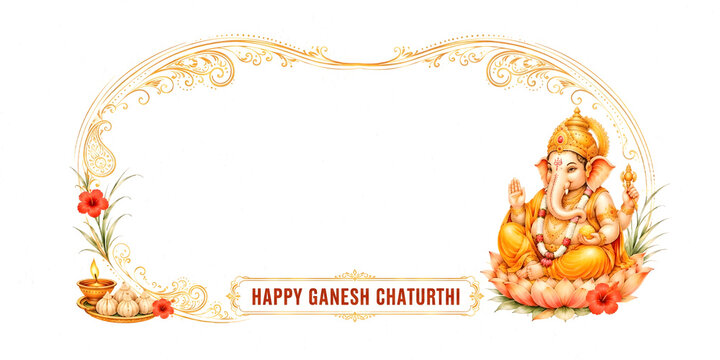 Happy Ganesh Chaturthi - Golden Framed Background with Right-aligned Ganesha