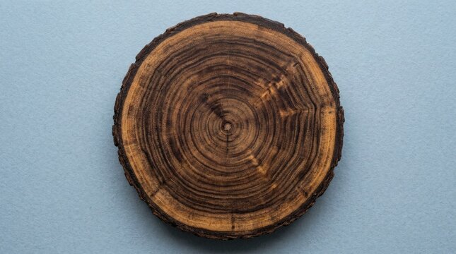 Tree trunk cross section with growth rings, natural wood texture on blue background, flat lay composition, rustic wooden slice with bark, organic circular pattern, vintage aesthetic style