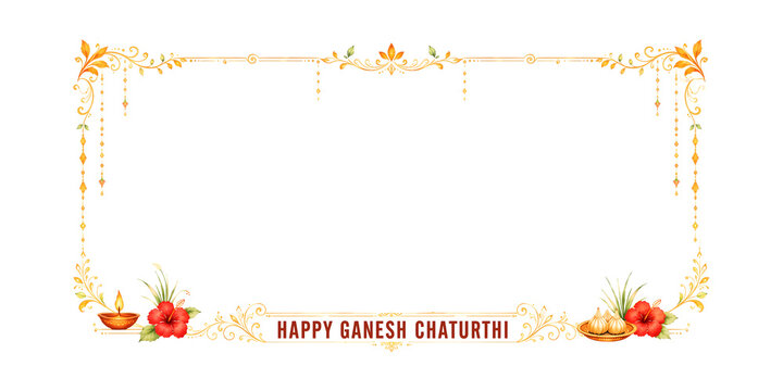 Happy Ganesh Chaturthi - Divine Lord Ganesha with Offerings and Floral Frame