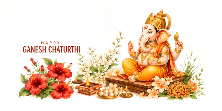 Happy Ganesh Chaturthi - Simple Elegant Greeting Card Template with Top Floral Decor