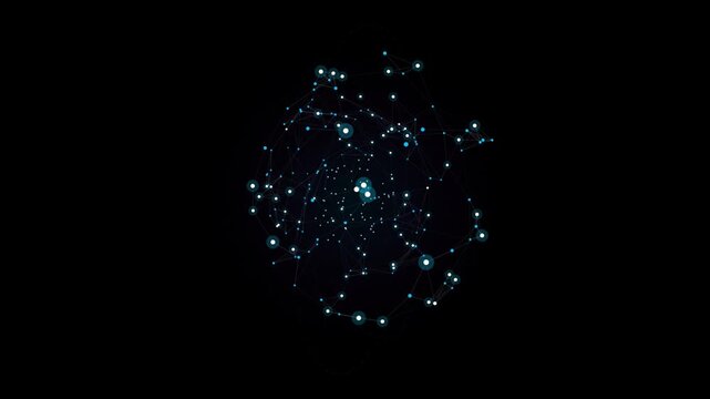 Glowing particles and interconnected structures creating a futuristic artificial intelligence technology.