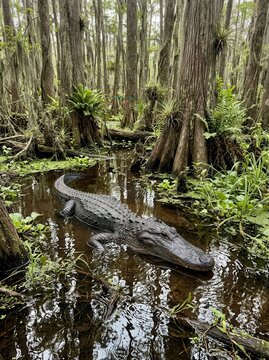Large American Alligator Resting in a Lush Cypress Swamp Forest with Reflections in the Dark Water