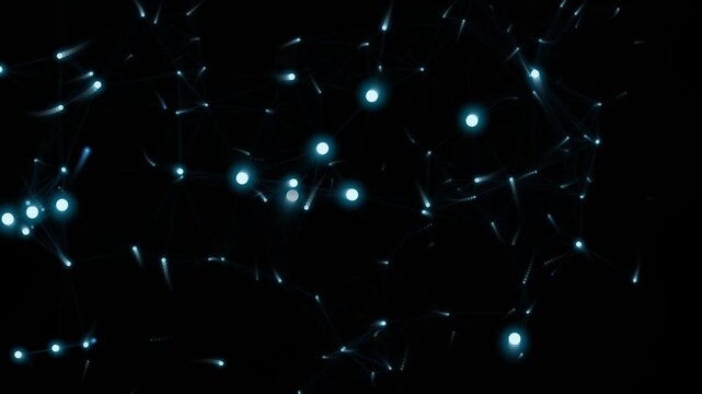 Glowing particles and interconnected structures creating a futuristic artificial intelligence technology.